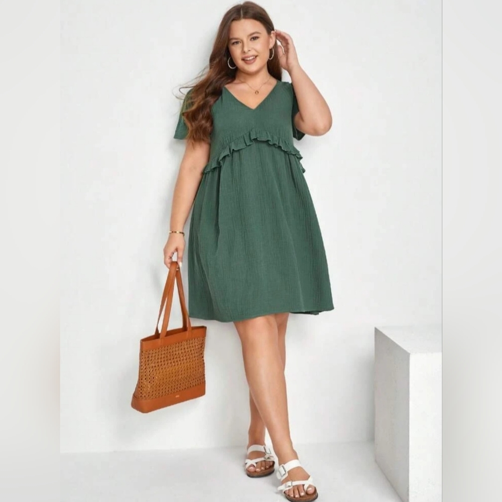 SHEIN Frenchy Plus Solid Ruffle TrimSmock Dress